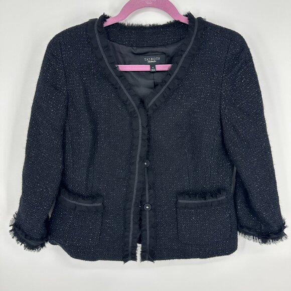 Talbots Metallic Tweed Blazer Jacket 4 Black Silver Shimmer Wool Blend Fringe - Picture 1 of 7